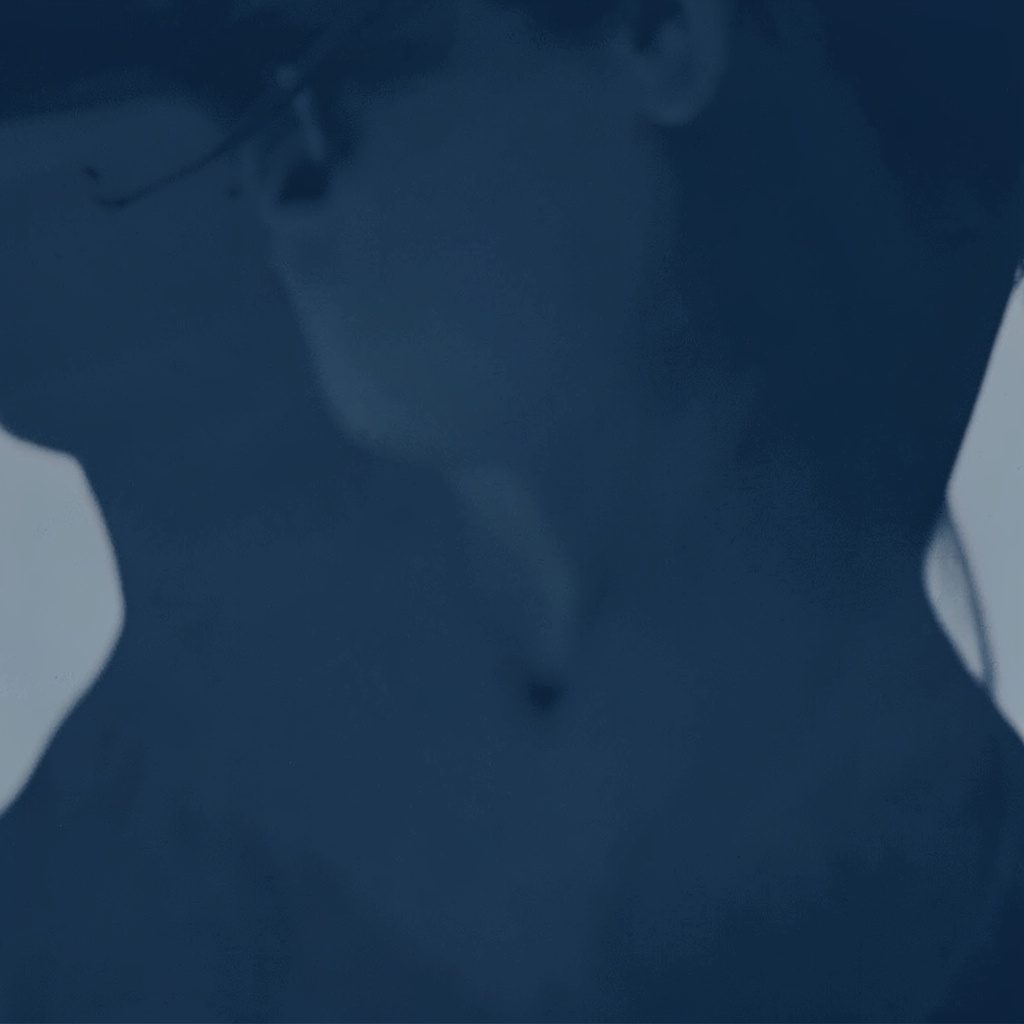 Duotone portrait silhouette in navy and white, head and shoulders of an unidentified professional figure